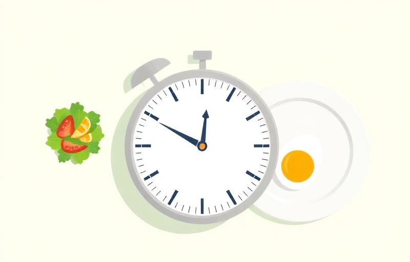 Intermittent fasting clock concept showing eating and fasting windows with healthy food